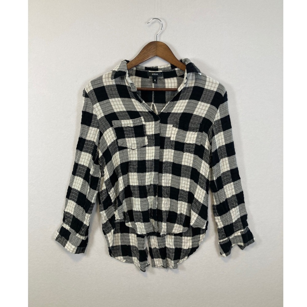 AQUA Black White Plaid Button Down Long Sleeve‎ Shirt Top Womens XS